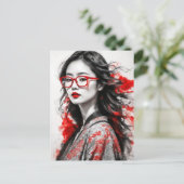 Zwart Wit Aziatisch Vrouw Tekening Briefkaart (Staand voorkant)