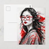 Zwart Wit Aziatisch Vrouw Tekening Briefkaart (Voorkant / Achterkant)
