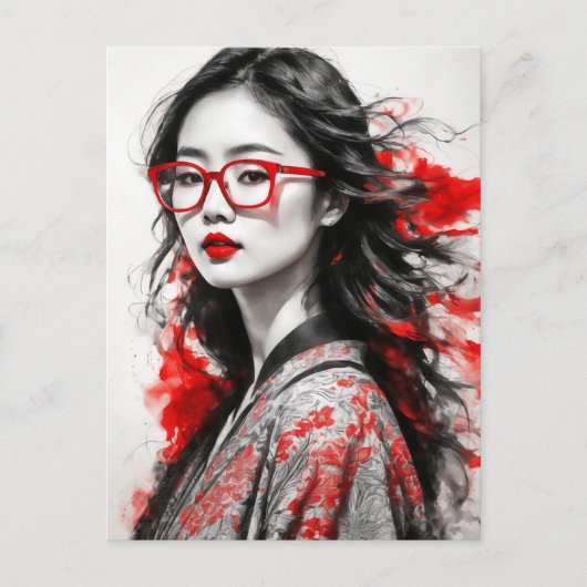 Zwart Wit Aziatisch Vrouw Tekening Briefkaart (Voorkant)