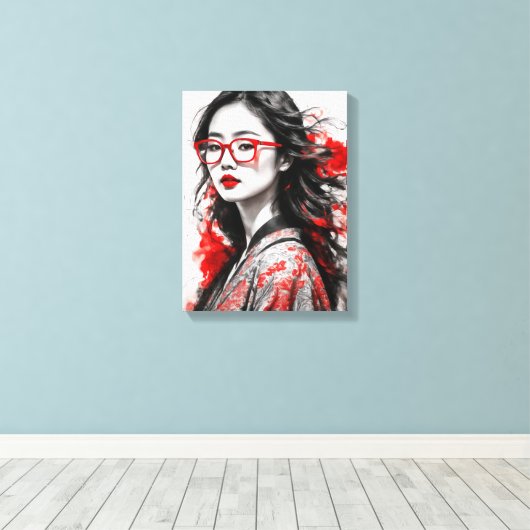 Zwart Wit Aziatisch Vrouw Tekening Canvas Afdruk (Insitu (Houten vloer))