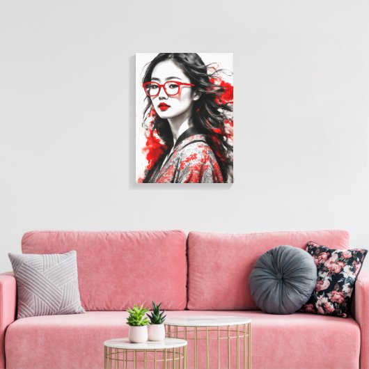 Zwart Wit Aziatisch Vrouw Tekening Canvas Afdruk (Insitu (Woonkamer))