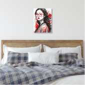 Zwart Wit Aziatisch Vrouw Tekening Canvas Afdruk (Insitu (Slaapkamer))