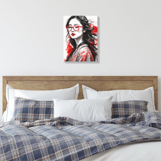 Zwart Wit Aziatisch Vrouw Tekening Canvas Afdruk (Insitu (Slaapkamer))