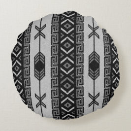 Zwart-wit Aztec-patroonontwerp - zuidwest Rond Kussen