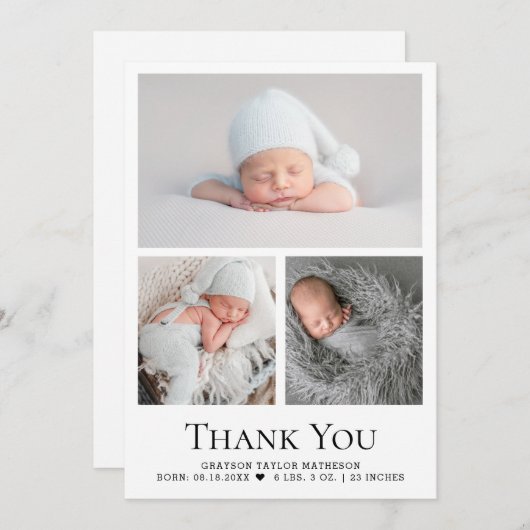 Zwart Wit Baby Boy Photo Grid Dank u Bedankkaart (Voorkant / Achterkant)