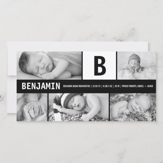 Zwart-wit Baby monogram 5 foto Modern Birth Aankondiging (Voorkant)