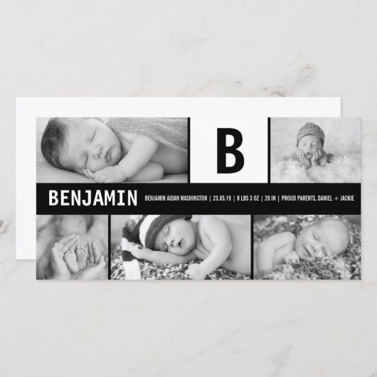 Zwart-wit Baby monogram 5 foto Modern Birth Aankondiging (Voorkant / Achterkant)