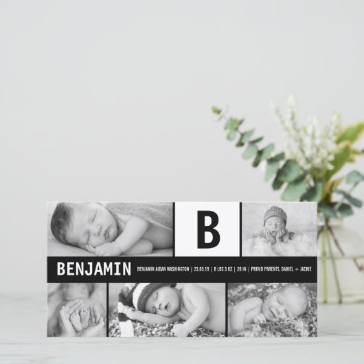 Zwart-wit Baby monogram 5 foto Modern Birth Aankondiging (Staand voorkant)