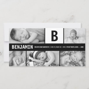 Zwart-Wit Baby Monogram 5 Foto Moderne Geboorte Aankondiging