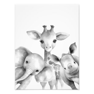 Zwart-Wit Baby Safari Dieren Print Foto Afdruk