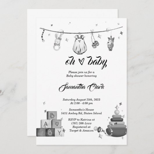 Zwart-wit Baby shower Kaart (Voorkant / Achterkant)