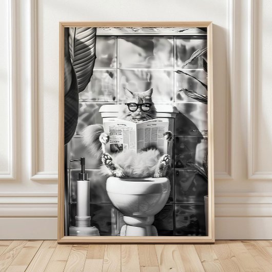 Zwart-Wit Badkamer Kat Print, Grappige Posters, Poster