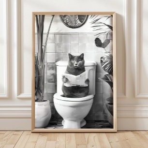 Zwart-Wit Badkamer Kat Print, Grappige Posters, Poster
