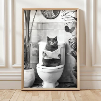Zwart-Wit Badkamer Kat Print, Grappige Posters, Poster