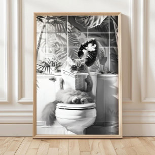 Zwart-Wit Badkamer Kat Print, Grappige Posters, Poster