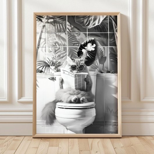 Zwart-Wit Badkamer Kat Print, Grappige Posters, Poster