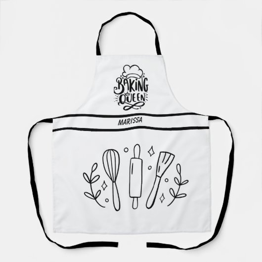 Zwart-wit Baking Queen Typografie Naam Schort (Voorkant)