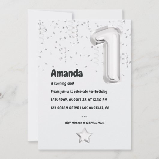 Zwart-wit ballon 1e verjaardagsfeestje kaart (Voorkant)