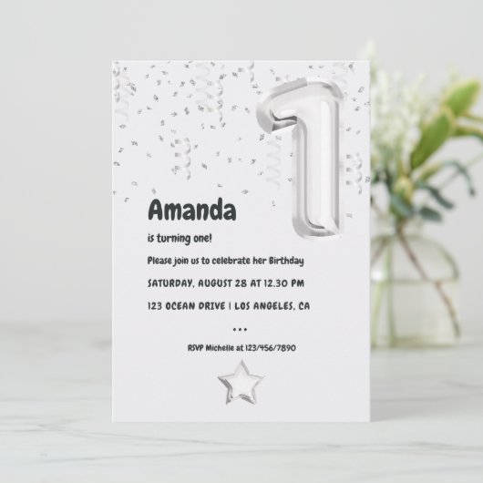 Zwart-wit ballon 1e verjaardagsfeestje kaart (Staand voorkant)