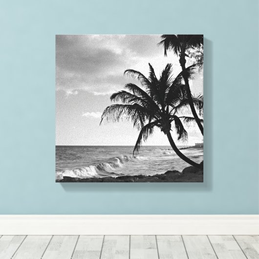 Zwart-wit Barbados Palm Tree Beach Canvas Afdruk (Insitu (Houten vloer))