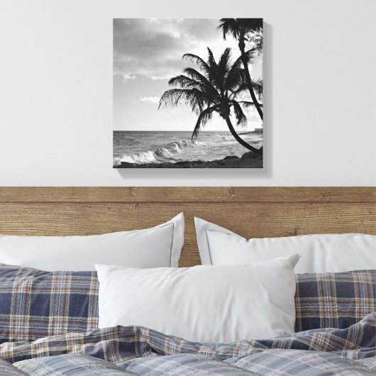 Zwart-wit Barbados Palm Tree Beach Canvas Afdruk (Insitu (Slaapkamer))