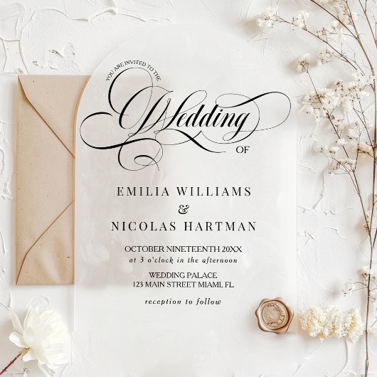 Zwart-wit Barok Script Wedding Acryl Uitnodigingen