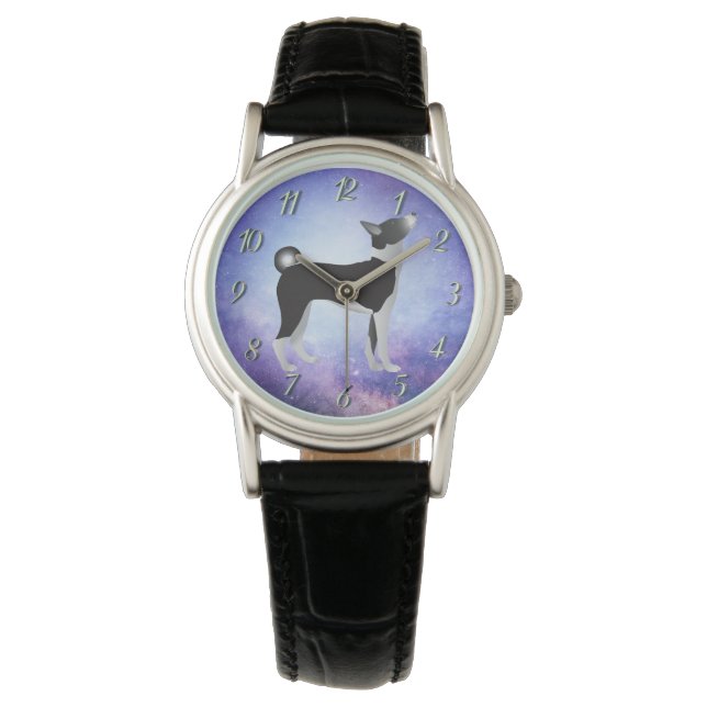 Zwart & Wit Basenji Hond & Blauw Universum Horloge (Voorkant)