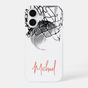 Zwart & Wit Basketbal Bal & Net Je Naam iPhone 16 Hoesje
