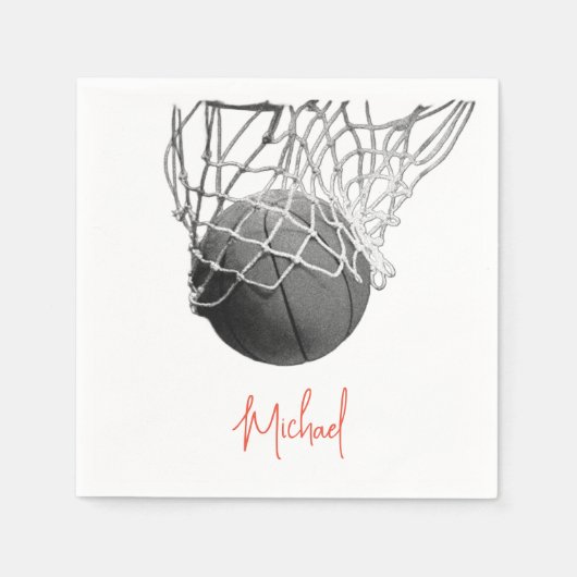 Zwart & Wit Basketbal Bal & Net Je Naam Servet (Voorkant)