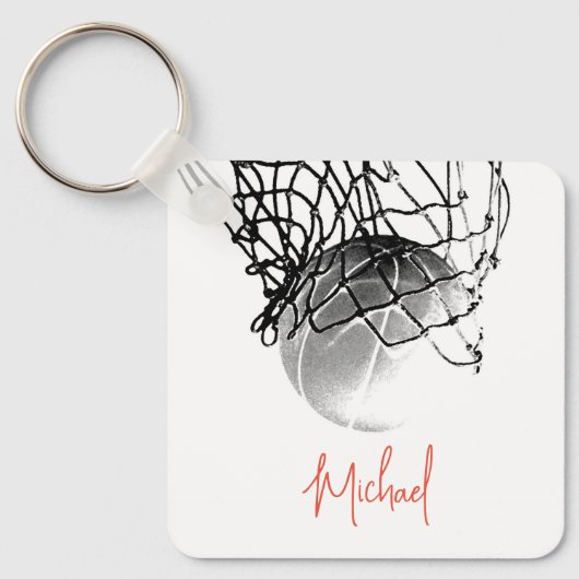 Zwart & Wit Basketbal Bal & Net Je Naam Sleutelhanger (Voorkant)