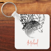 Zwart & Wit Basketbal Bal & Net Je Naam Sleutelhanger (Voorkant)