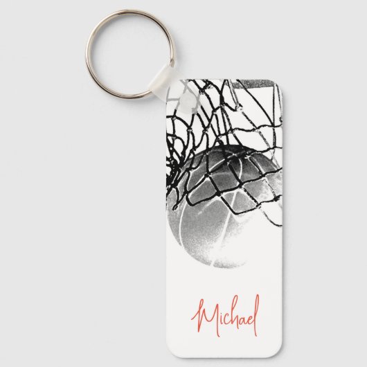 Zwart & Wit Basketbal Bal & Net Je Naam Sleutelhanger (Voorkant)