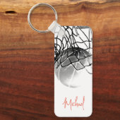 Zwart & Wit Basketbal Bal & Net Je Naam Sleutelhanger (Voorkant)