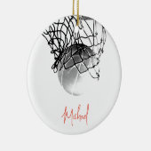 Zwart-wit basketbal en net Jouw naam Keramisch Ornament (Rechts)