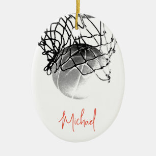 Zwart-wit basketbal en net Jouw naam Keramisch Ornament