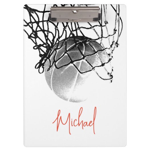 Zwart-wit basketbal en net Jouw naam Klembord (Voorkant)