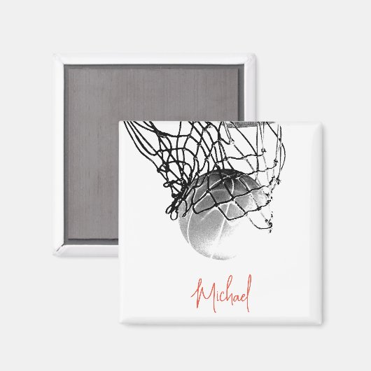 Zwart-wit basketbal en net Jouw naam Magneet (Voorkant / Achterkant)