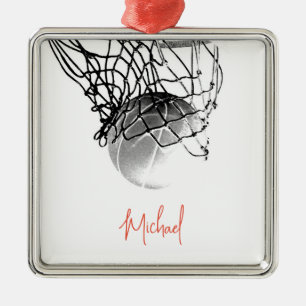 Zwart-wit basketbal en net Jouw naam Metalen Ornament