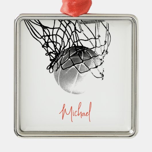 Zwart-wit basketbal en net Jouw naam Metalen Ornament (Voorkant)