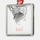 Zwart-wit basketbal en net Jouw naam Metalen Ornament (Links)
