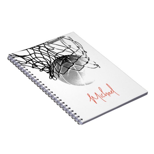 Zwart-wit basketbal en net Jouw naam Notitieboek (Rechterzijde)