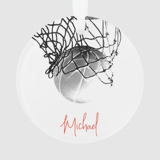 Zwart-wit basketbal en net Jouw naam Ornament (achterkant)