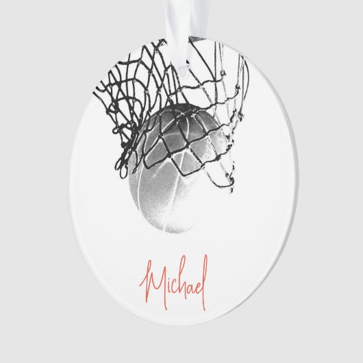 Zwart-wit basketbal en net Jouw naam Ornament (voorkant)