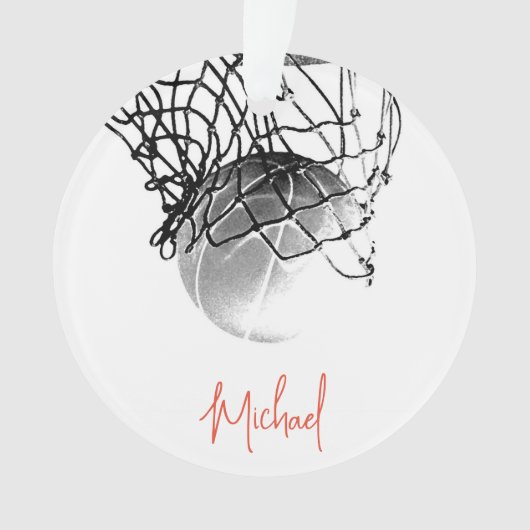 Zwart-wit basketbal en net Jouw naam Ornament (voorkant)