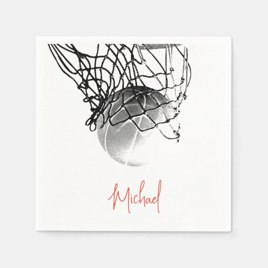 Zwart-wit basketbal en net Jouw naam Servet (Voorkant)