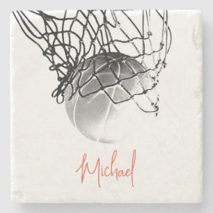 Zwart-wit basketbal en net Jouw naam Stenen Onderzetter