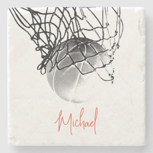 Zwart-wit basketbal en net Jouw naam Stenen Onderzetter (Voorkant)