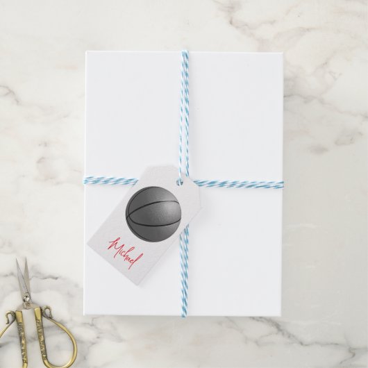 Zwart & Wit Basketbal Jouw naam Custom Cadeaulabel (Met Touw)