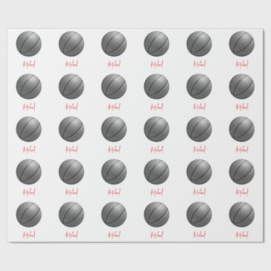 Zwart & Wit Basketbal Jouw naam Custom Cadeaupapier (Vlak)