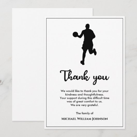 Zwart-wit basketbalspeler begrafenis bedankkaart (Voorkant / Achterkant)